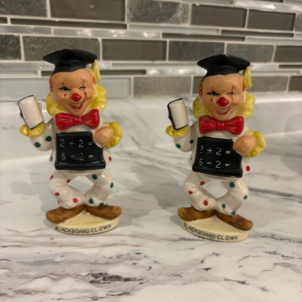 Vintage Clowns ceramic figurines clowns holding black boards teaching school